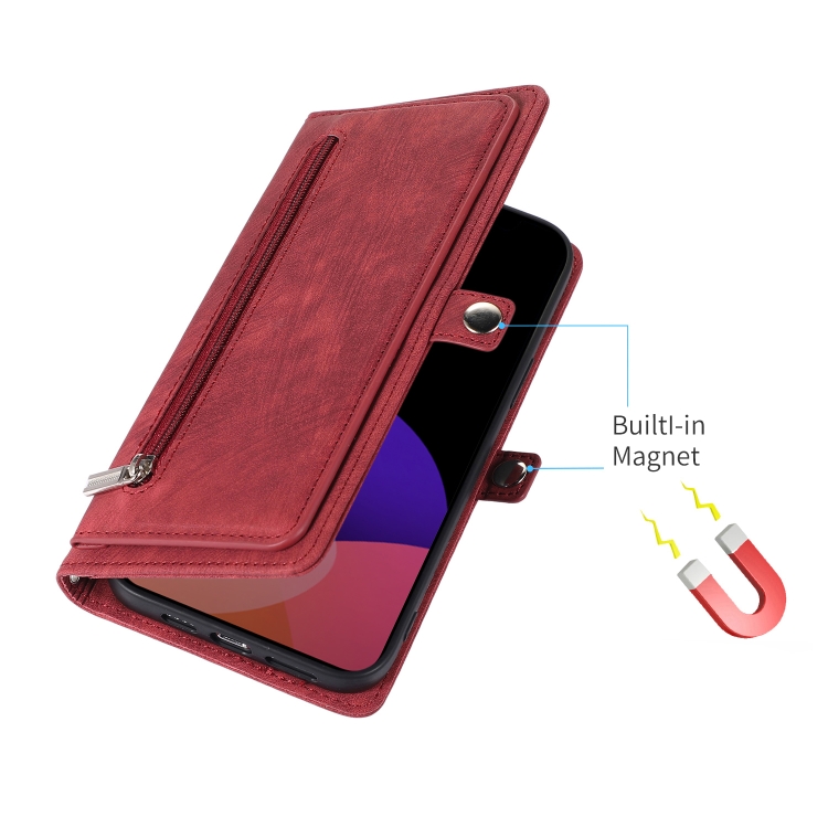 For iPhone 14 Plus Zipper Card Slot Buckle Wallet Leather Phone Case (Red) For iPhone 14 Plus Zipper Card Slot Buckle Wallet Leather Phone Case (Red)