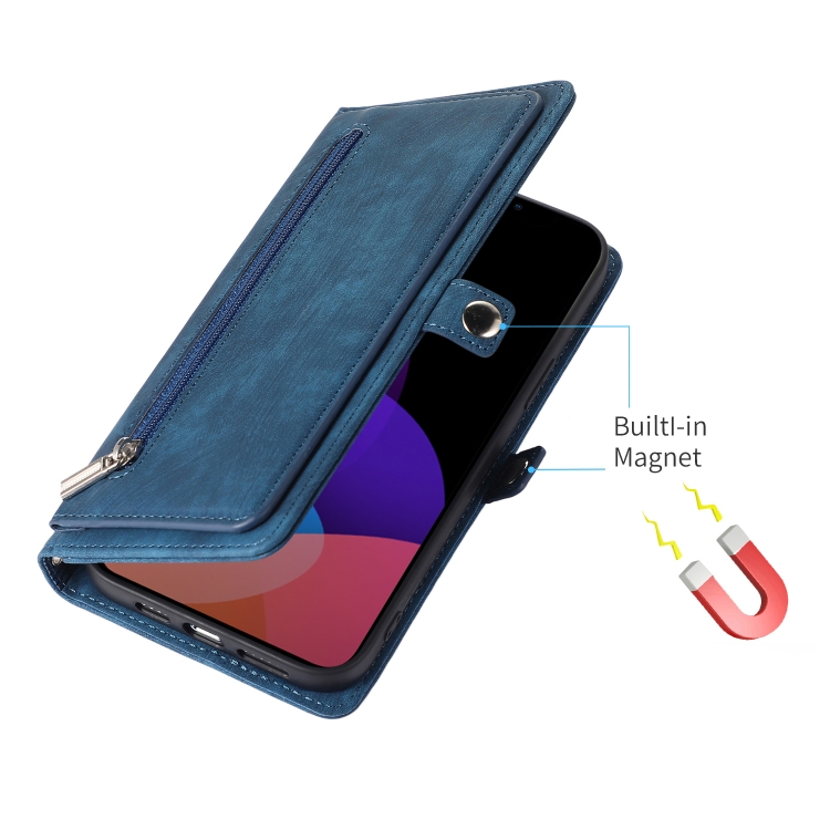 For iPhone 14 Zipper Card Slot Buckle Wallet Leather Phone Case (Blue) - 5