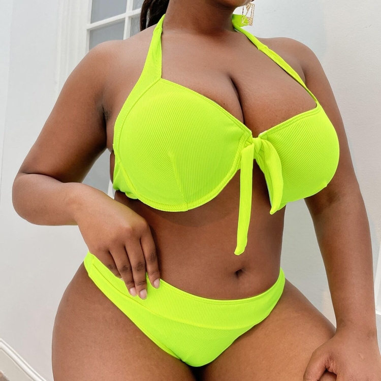 Sexy Plus Size High Waist Split Bikini Swimsuit, Size:XXL(Fluorescent Green)