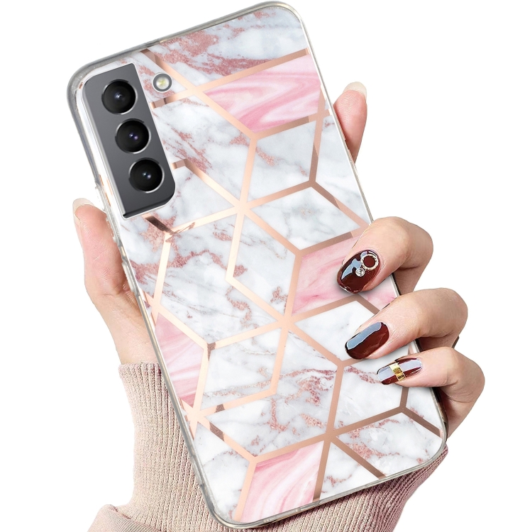 For Samsung Galaxy S22 5G Electroplated Marble Pattern TPU Phone Case(White Gravel Pink)