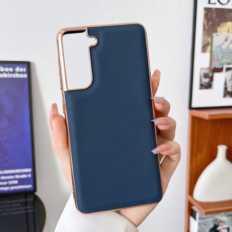 For Samsung Galaxy S22 5G Genuine Leather Luolai Series Nano Electroplating Phone Case(Dark Blue) For Samsung Galaxy S22 5G Genuine Leather Luolai Series Nano Electroplating Phone Case(Dark Blue)