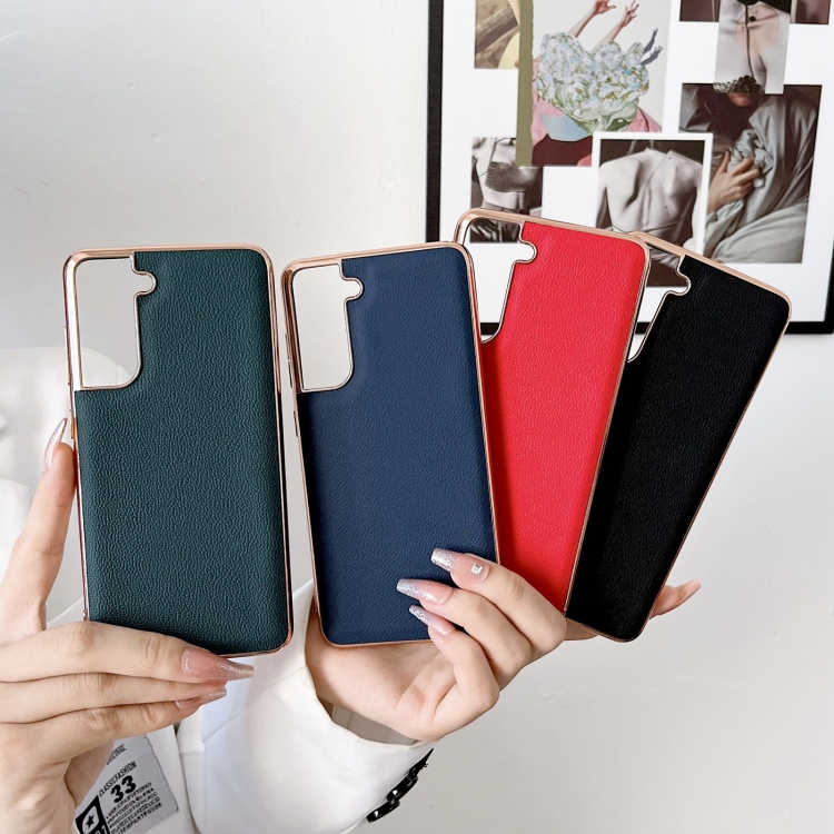 For Samsung Galaxy S22 5G Genuine Leather Luolai Series Nano Electroplating Phone Case(Dark Blue) For Samsung Galaxy S22 5G Genuine Leather Luolai Series Nano Electroplating Phone Case(Dark Blue)