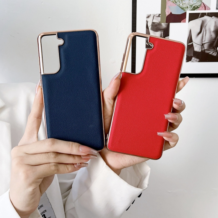 For Samsung Galaxy S22 5G Genuine Leather Luolai Series Nano Electroplating Phone Case(Dark Blue) For Samsung Galaxy S22 5G Genuine Leather Luolai Series Nano Electroplating Phone Case(Dark Blue)