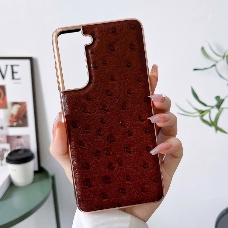 For Samsung Galaxy S22 5G Genuine Leather Ostrich Texture Series Nano Electroplating Phone Case(Brown)