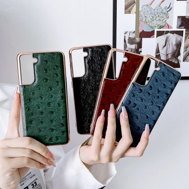 For Samsung Galaxy S22 5G Genuine Leather Ostrich Texture Series Nano Electroplating Phone Case(Brown)