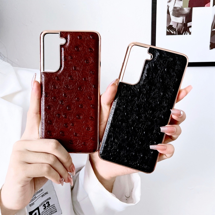 For Samsung Galaxy S22 5G Genuine Leather Ostrich Texture Series Nano Electroplating Phone Case(Brown)