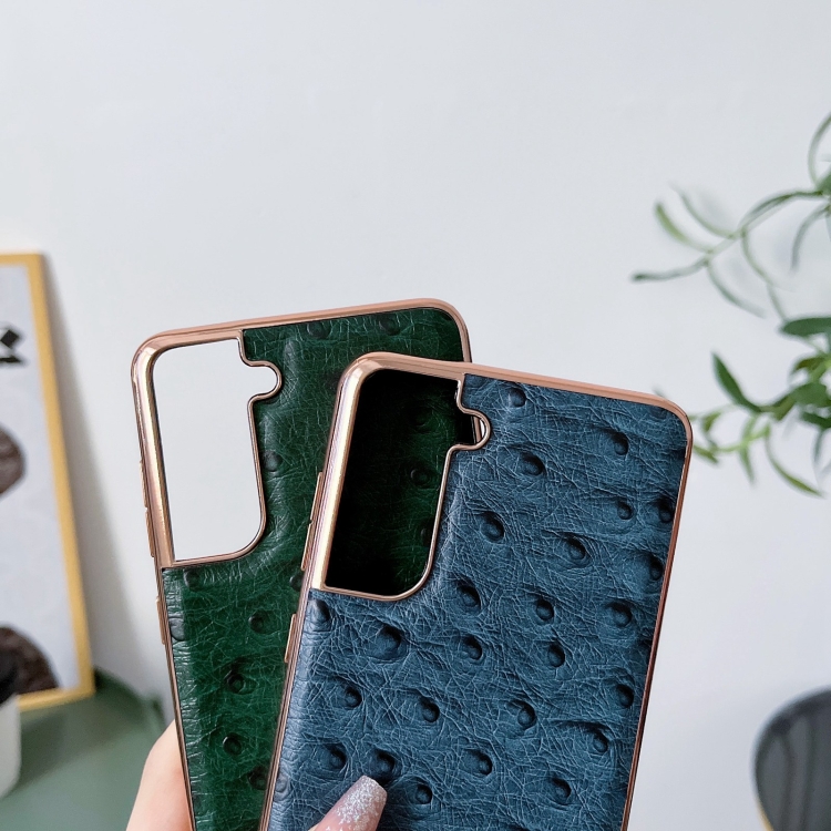 For Samsung Galaxy S22 5G Genuine Leather Ostrich Texture Series Nano Electroplating Phone Case(Brown)