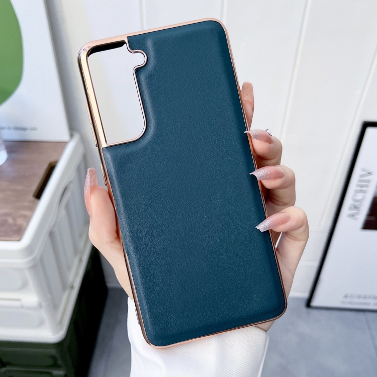 For Samsung Galaxy S22 5G Genuine Leather Xiaoya Series Nano Electroplating Phone Case(Green) For Samsung Galaxy S22 5G Genuine Leather Xiaoya Series Nano Electroplating Phone Case(Green)