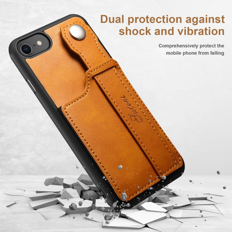 Suteni 215 Wrist Strap PU Phone Case For iPhone SE 2022/SE 2020/8/7/6(Khaki) Suteni 215 Wrist Strap PU Phone Case For iPhone SE 2022/SE 2020/8/7/6(Khaki)