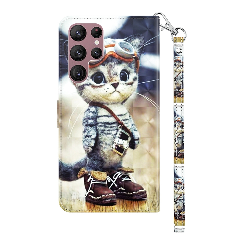 For Samsung Galaxy S22 Ultra 5G 3D Painted Leather Phone Case(Naughty Cat) For Samsung Galaxy S22 Ultra 5G 3D Painted Leather Phone Case(Naughty Cat)