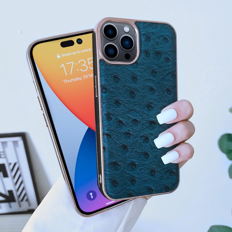 iPhone 14 Pro用本革オーストリッチテクスチャーナノケース(ブルー)