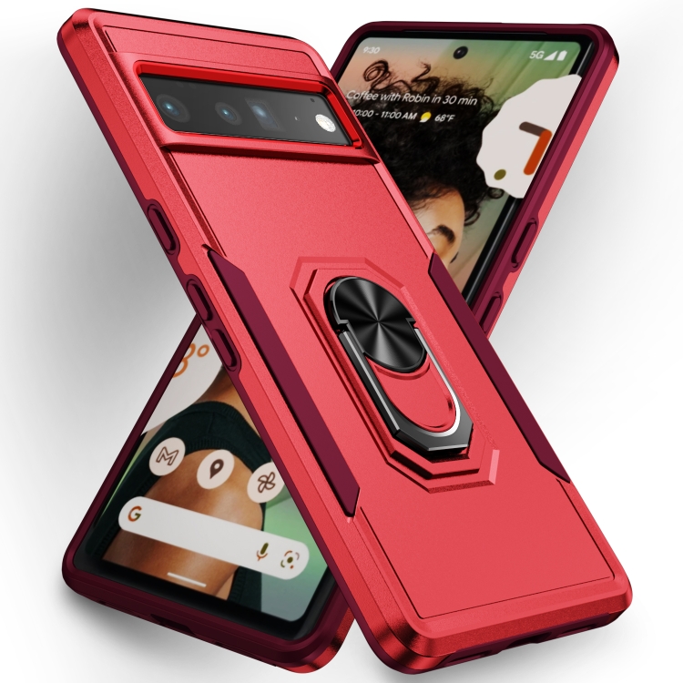 For Google Pixel 6a 5G Anti-drop TPU + PC Phone Case Ring Holder Kickstand  Protective Cover with Car Mount Metal Sheet - Red Wholesale