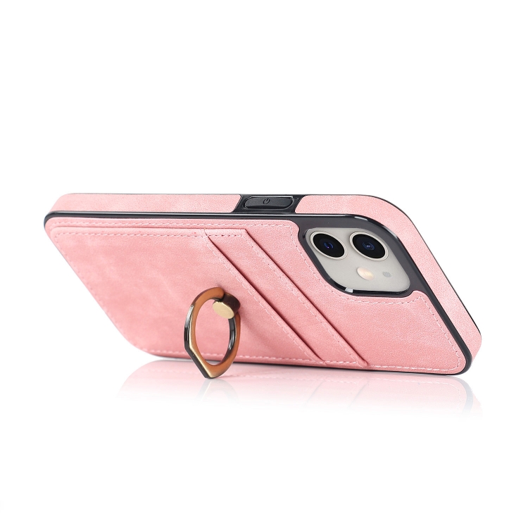 For iPhone 12 mini Vintage Patch Leather Phone Case with Ring Holder (Pink) For iPhone 12 mini Vintage Patch Leather Phone Case with Ring Holder (Pink)