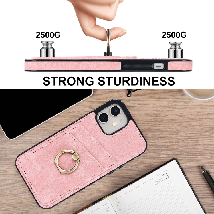 For iPhone 12 mini Vintage Patch Leather Phone Case with Ring Holder (Pink) For iPhone 12 mini Vintage Patch Leather Phone Case with Ring Holder (Pink)