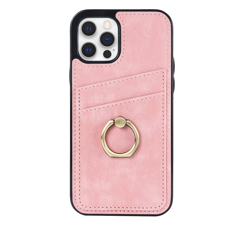 For iPhone 12 Vintage Patch Leather Phone Case with Ring Holder(Pink) For iPhone 12 Vintage Patch Leather Phone Case with Ring Holder(Pink)