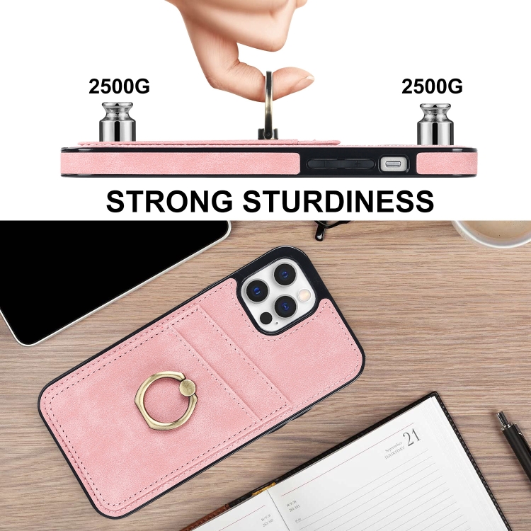 For iPhone 12 Vintage Patch Leather Phone Case with Ring Holder(Pink) For iPhone 12 Vintage Patch Leather Phone Case with Ring Holder(Pink)