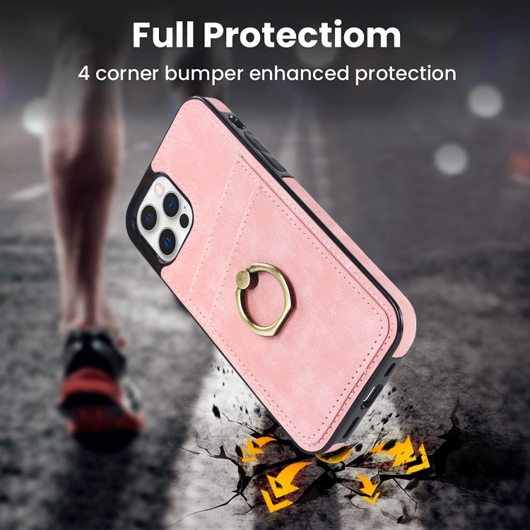 For iPhone 12 Vintage Patch Leather Phone Case with Ring Holder(Pink) For iPhone 12 Vintage Patch Leather Phone Case with Ring Holder(Pink)