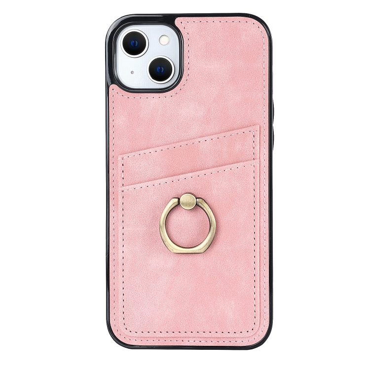 For iPhone 14 Vintage Patch Leather Phone Case with Ring Holder (Pink) For iPhone 14 Vintage Patch Leather Phone Case with Ring Holder (Pink)