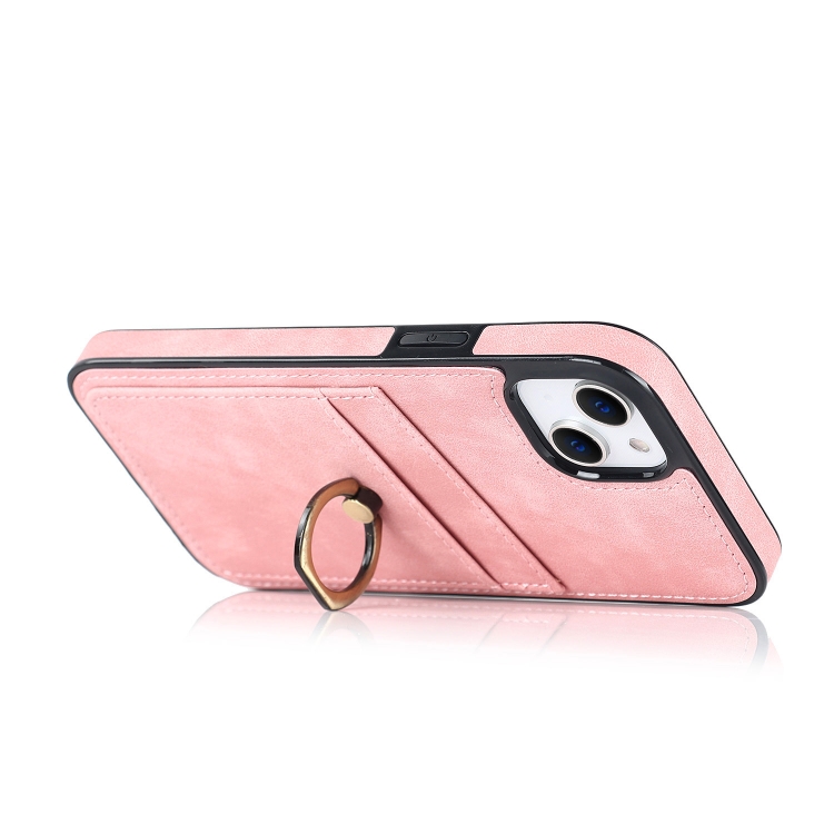 For iPhone 14 Vintage Patch Leather Phone Case with Ring Holder (Pink) For iPhone 14 Vintage Patch Leather Phone Case with Ring Holder (Pink)