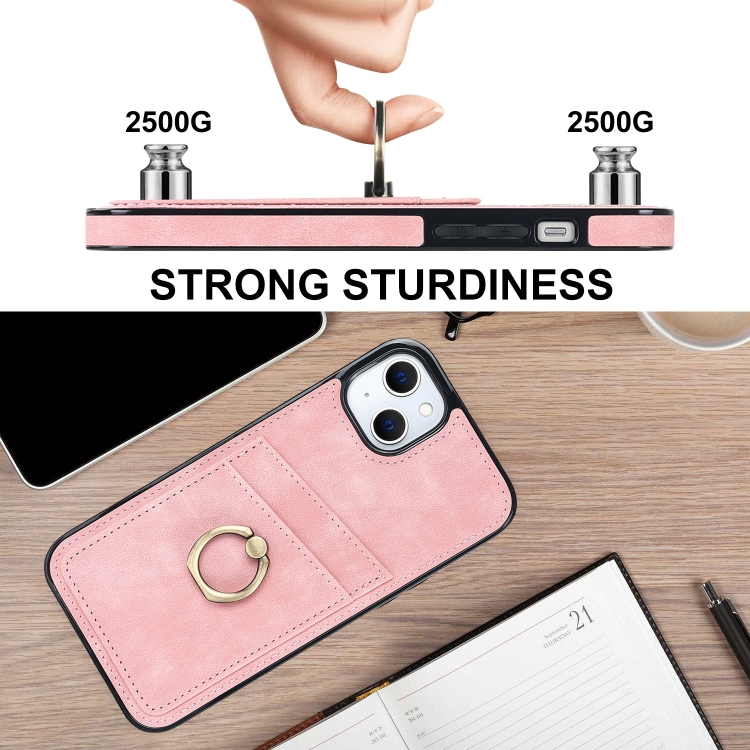 For iPhone 14 Vintage Patch Leather Phone Case with Ring Holder (Pink) For iPhone 14 Vintage Patch Leather Phone Case with Ring Holder (Pink)