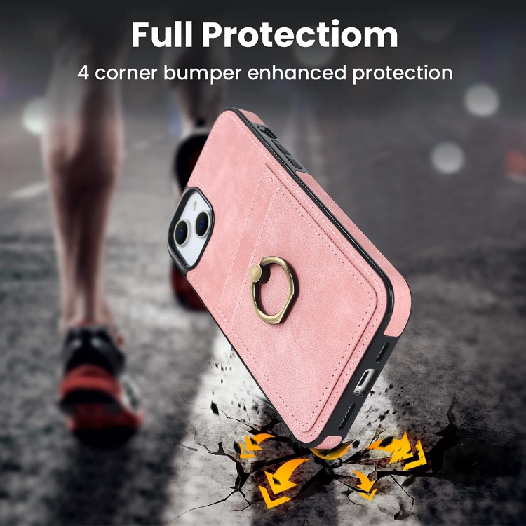 For iPhone 14 Vintage Patch Leather Phone Case with Ring Holder (Pink) For iPhone 14 Vintage Patch Leather Phone Case with Ring Holder (Pink)