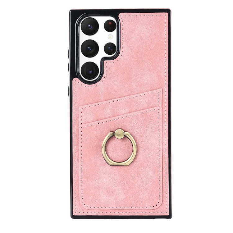 For Samsung Galaxy S22 Ultra 5G Vintage Patch Leather Phone Case with Ring Holder(Pink) For Samsung Galaxy S22 Ultra 5G Vintage Patch Leather Phone Case with Ring Holder(Pink)