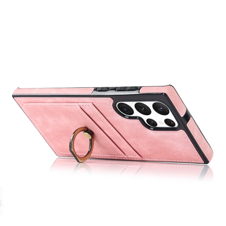 For Samsung Galaxy S22 Ultra 5G Vintage Patch Leather Phone Case with Ring Holder(Pink) For Samsung Galaxy S22 Ultra 5G Vintage Patch Leather Phone Case with Ring Holder(Pink)