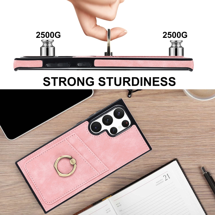 For Samsung Galaxy S22 Ultra 5G Vintage Patch Leather Phone Case with Ring Holder(Pink) For Samsung Galaxy S22 Ultra 5G Vintage Patch Leather Phone Case with Ring Holder(Pink)