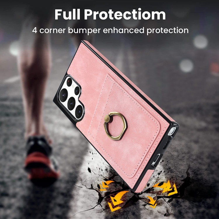 For Samsung Galaxy S22 Ultra 5G Vintage Patch Leather Phone Case with Ring Holder(Pink) For Samsung Galaxy S22 Ultra 5G Vintage Patch Leather Phone Case with Ring Holder(Pink)