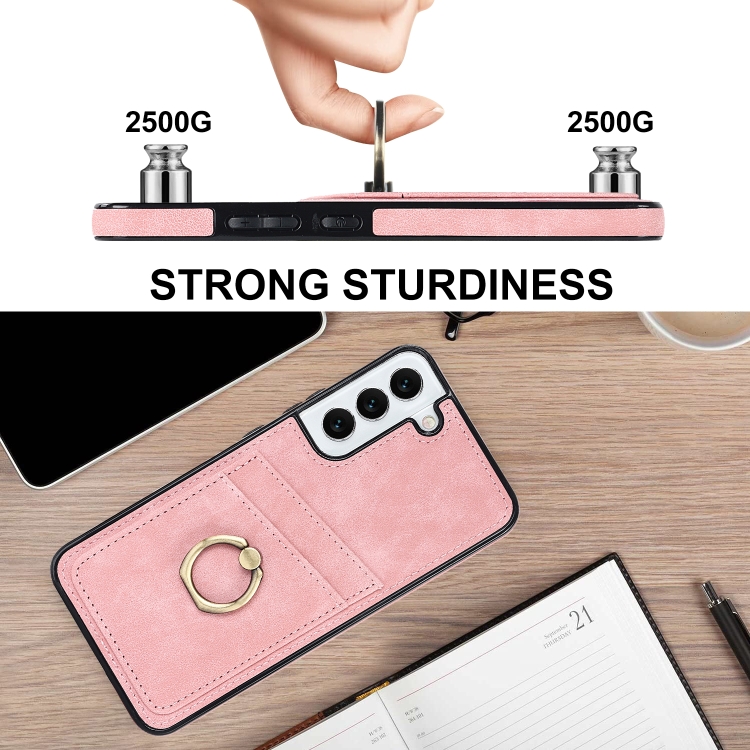 For Samsung Galaxy S22 5G Vintage Patch Leather Phone Case with Ring Holder(Pink) For Samsung Galaxy S22 5G Vintage Patch Leather Phone Case with Ring Holder(Pink)