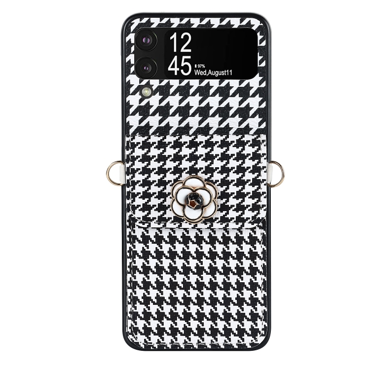 For Samsung Galaxy Z Flip4 5G Houndstooth Texture Camellia Card Holder Folding Phone Case For Samsung Galaxy Z Flip4 5G Houndstooth Texture Camellia Card Holder Folding Phone Case