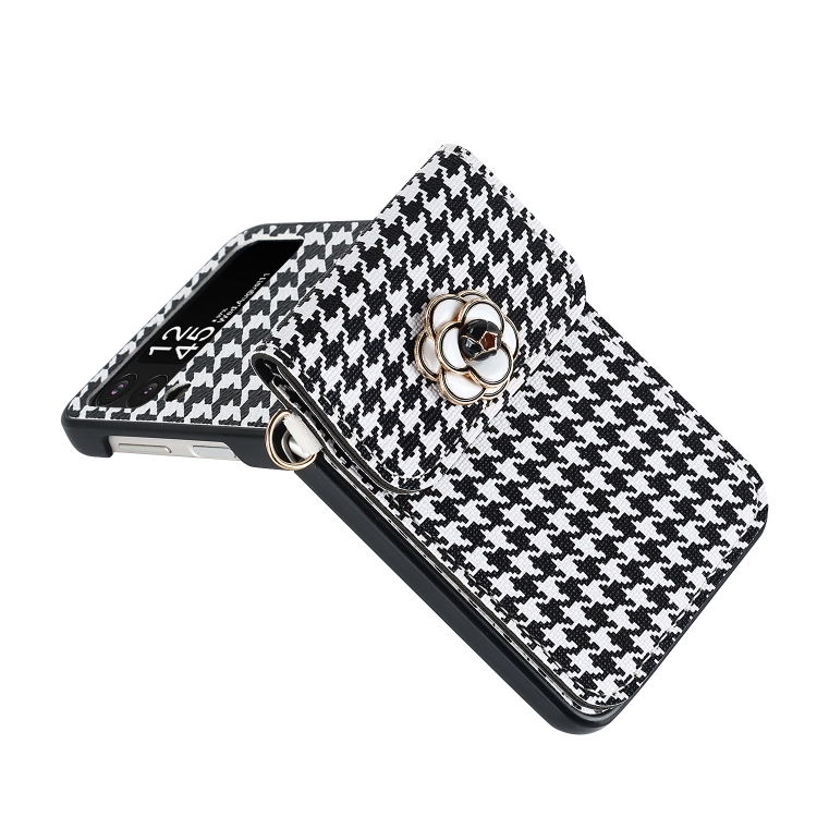 For Samsung Galaxy Z Flip4 5G Houndstooth Texture Camellia Card Holder Folding Phone Case For Samsung Galaxy Z Flip4 5G Houndstooth Texture Camellia Card Holder Folding Phone Case