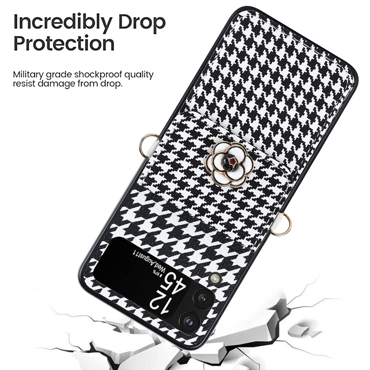 For Samsung Galaxy Z Flip4 5G Houndstooth Texture Camellia Card Holder Folding Phone Case For Samsung Galaxy Z Flip4 5G Houndstooth Texture Camellia Card Holder Folding Phone Case