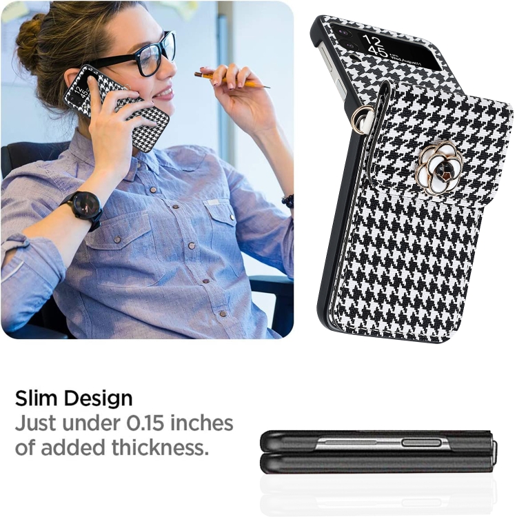 For Samsung Galaxy Z Flip4 5G Houndstooth Texture Camellia Card Holder Folding Phone Case For Samsung Galaxy Z Flip4 5G Houndstooth Texture Camellia Card Holder Folding Phone Case