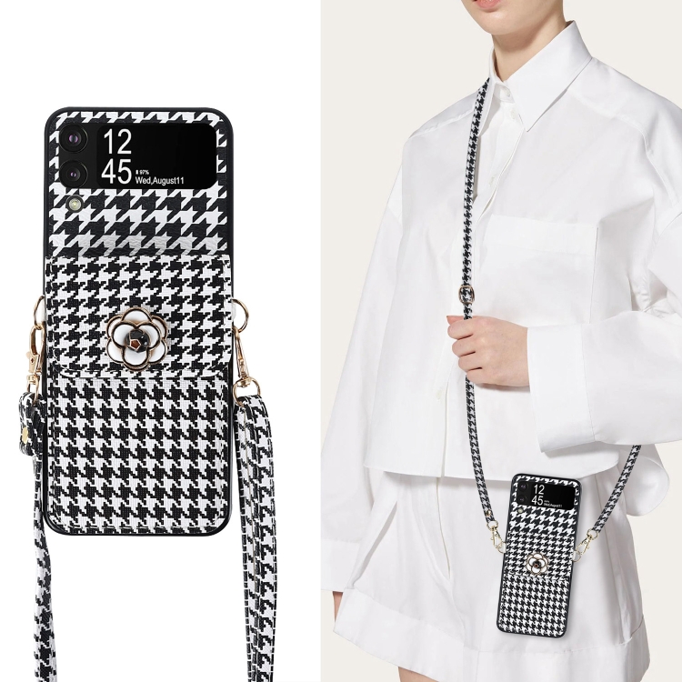 For Samsung Galaxy Z Flip4 5G Houndstooth Texture Camellia Card Holder Folding Phone Case For Samsung Galaxy Z Flip4 5G Houndstooth Texture Camellia Card Holder Folding Phone Case