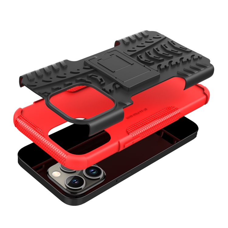 For iPhone 14 Pro Tire Texture TPU + PC Phone Case with Holder(Red) For iPhone 14 Pro Tire Texture TPU + PC Phone Case with Holder(Red)