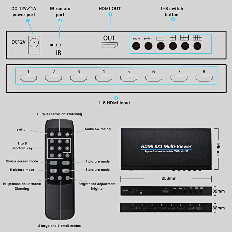 El visor múltiple NK-818 HDMI 8x1 admite el interruptor continuo 1080P, enchufe de EE. UU. - 6