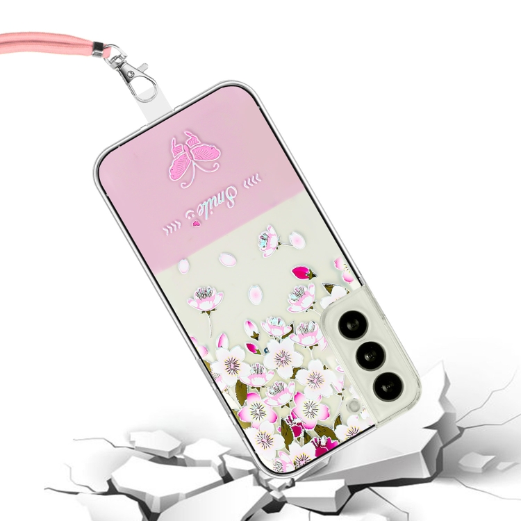 For Samsung Galaxy S22 5G Bronzing Butterfly Flower TPU Phone Case with Lanyard(Peach Blossoms) For Samsung Galaxy S22 5G Bronzing Butterfly Flower TPU Phone Case with Lanyard(Peach Blossoms)