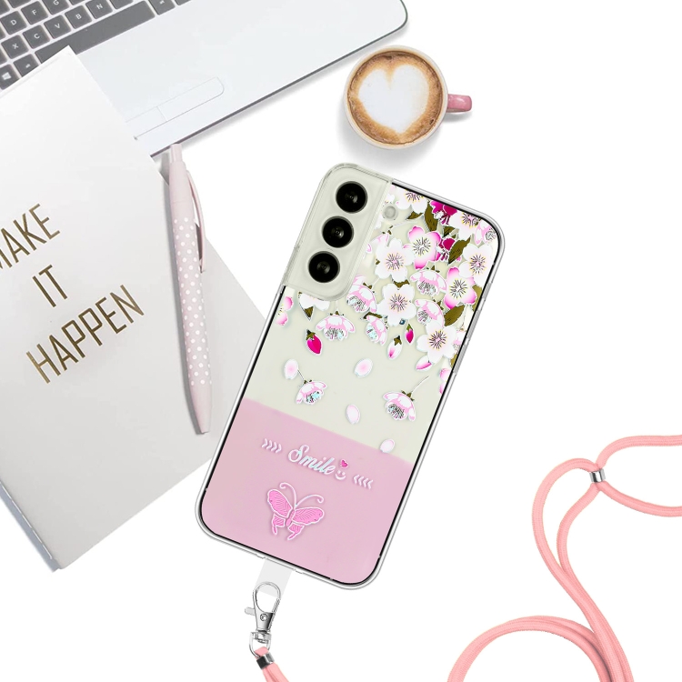 For Samsung Galaxy S22 5G Bronzing Butterfly Flower TPU Phone Case with Lanyard(Peach Blossoms) For Samsung Galaxy S22 5G Bronzing Butterfly Flower TPU Phone Case with Lanyard(Peach Blossoms)