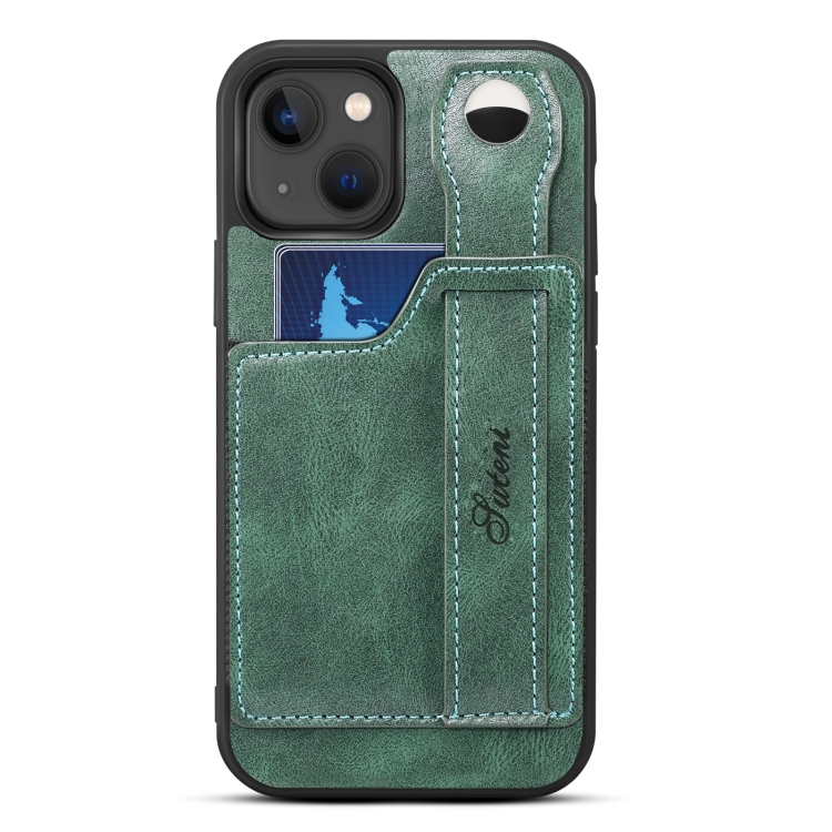 For iPhone 14 Suteni 215 Wrist Strap PU Phone Case(Green) For iPhone 14 Suteni 215 Wrist Strap PU Phone Case(Green)