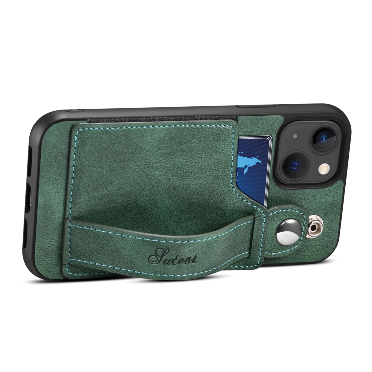 For iPhone 14 Suteni 215 Wrist Strap PU Phone Case(Green) For iPhone 14 Suteni 215 Wrist Strap PU Phone Case(Green)