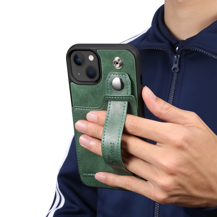 For iPhone 14 Suteni 215 Wrist Strap PU Phone Case(Green) For iPhone 14 Suteni 215 Wrist Strap PU Phone Case(Green)