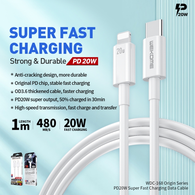 WEKOME WDC-168 Original Series PD 20W USB-C / Type-C to 8 Pin Fast Charge Data Cable Length: 1m - 3