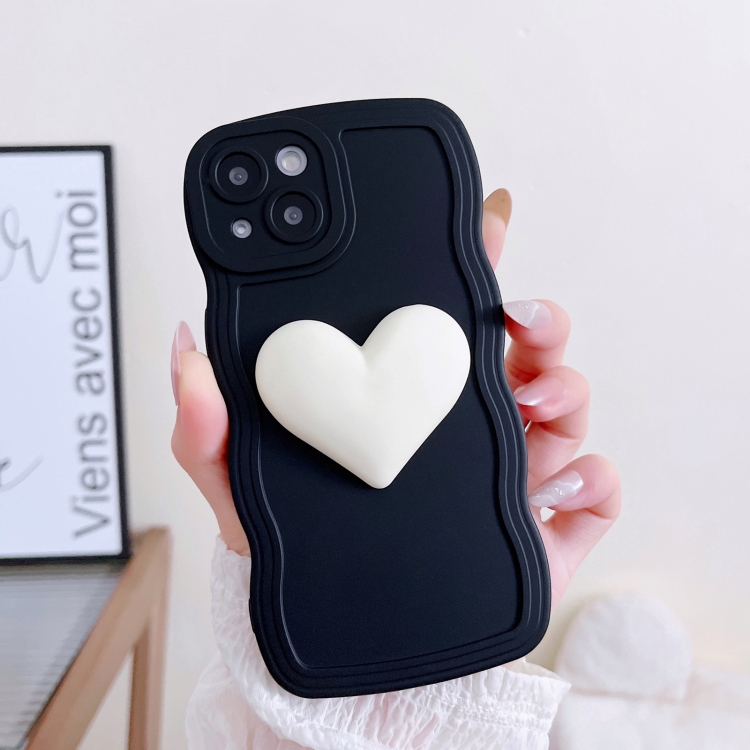 For iPhone 14 Wave Edge Heart Silicone Phone Case with Wristband(Black) For iPhone 14 Wave Edge Heart Silicone Phone Case with Wristband(Black)