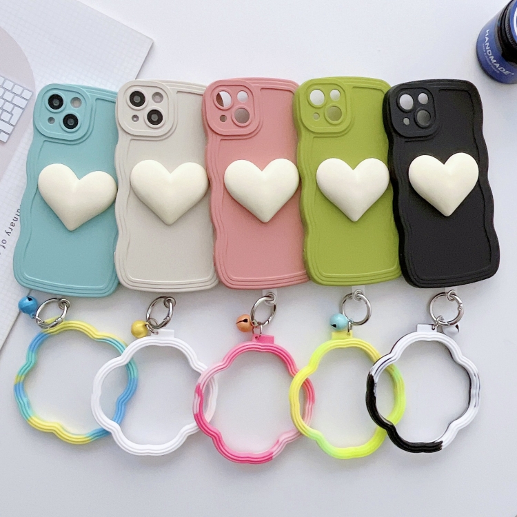 For iPhone 14 Wave Edge Heart Silicone Phone Case with Wristband(Black) For iPhone 14 Wave Edge Heart Silicone Phone Case with Wristband(Black)