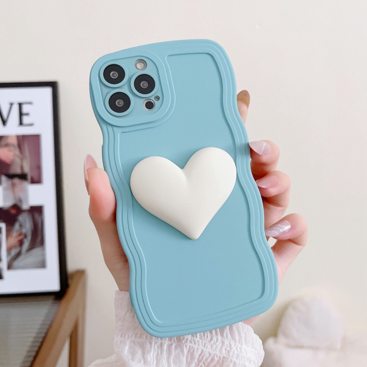 For iPhone 14 Pro Wave Edge Heart Silicone Phone Case with Wristband(Blue) For iPhone 14 Pro Wave Edge Heart Silicone Phone Case with Wristband(Blue)