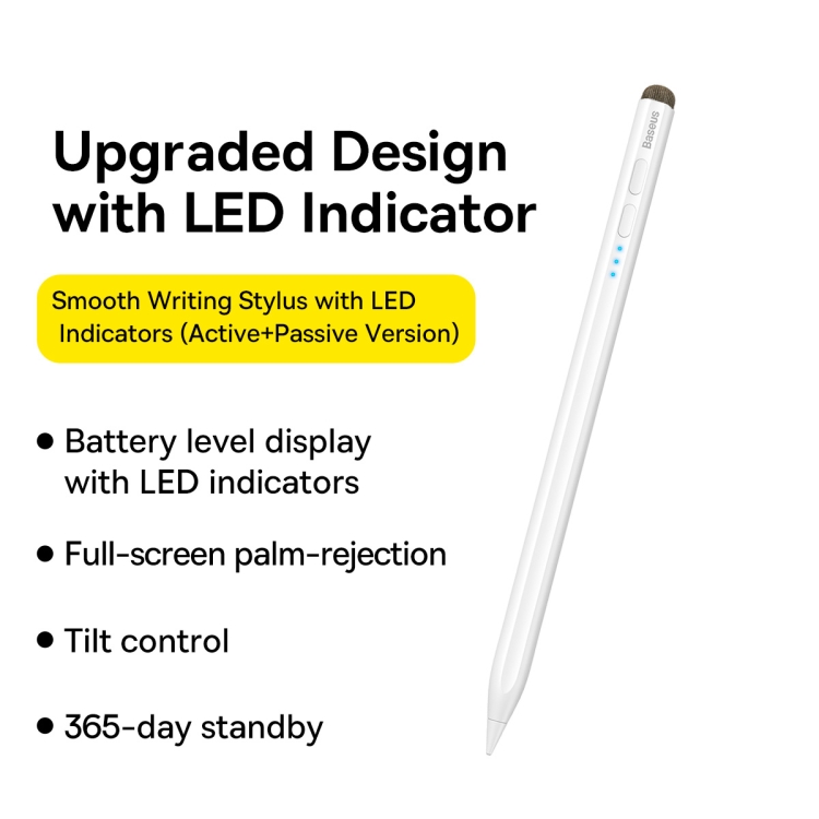 Baseus SXBC040002 Indicadores LED Lápiz de escritura capacitivo suave, versión activa + pasiva (blanco) - 1