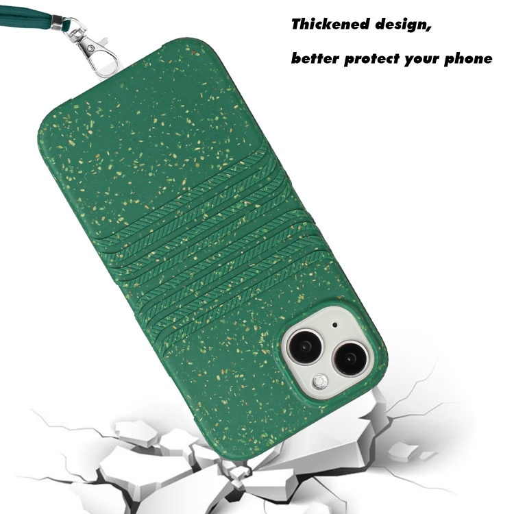 For iPhone 14 Wheat Straw Material Degradable TPU Phone Case with Lanyard(Dark Green) For iPhone 14 Wheat Straw Material Degradable TPU Phone Case with Lanyard(Dark Green)