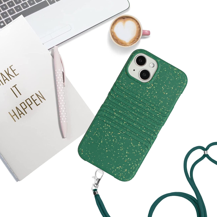 For iPhone 14 Wheat Straw Material Degradable TPU Phone Case with Lanyard(Dark Green) For iPhone 14 Wheat Straw Material Degradable TPU Phone Case with Lanyard(Dark Green)