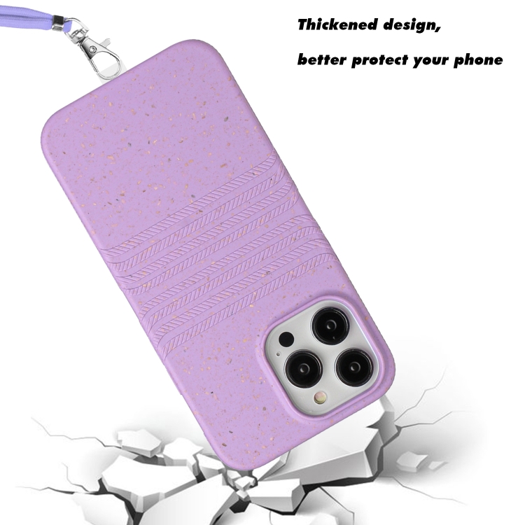 For iPhone 14 Pro Wheat Straw Material Degradable TPU Phone Case with Lanyard(Purple) For iPhone 14 Pro Wheat Straw Material Degradable TPU Phone Case with Lanyard(Purple)